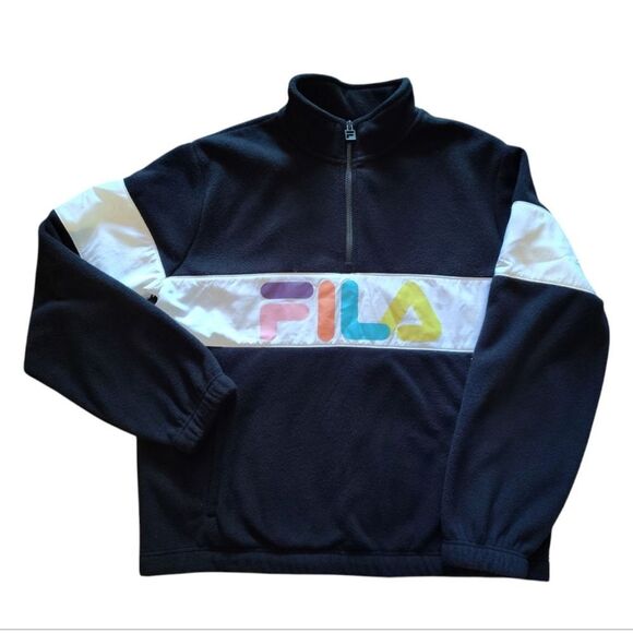 FILA Black Colorful Logo Panel Quarter Zip Pullover Fleece Sweater Large - Picture 3 of 13